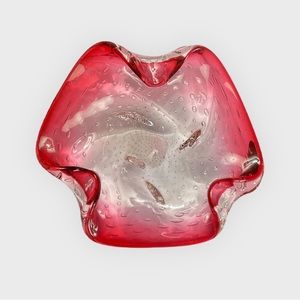 Vintage Murano art glass bowl / ashtray cranberry & clear with bubbles
